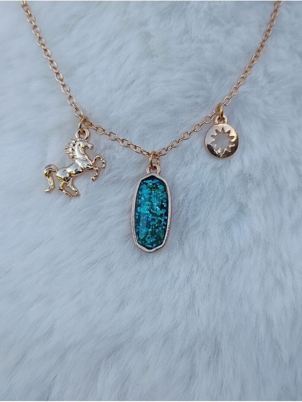 2/$10 September Girl Gold Tone Charm Necklace with Blue Teal Sapphire Pendant